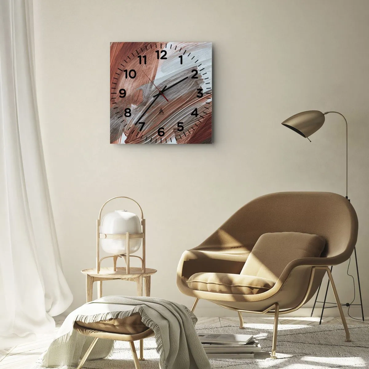 Horloge murale - Pendule murale - Coups de pinceau abstraits dans des tons de cuivre et de gris - 30x30cm - Abstraction venteuse et automnale - Décoration murale moderne pour le salon et la chambre ARTTOR