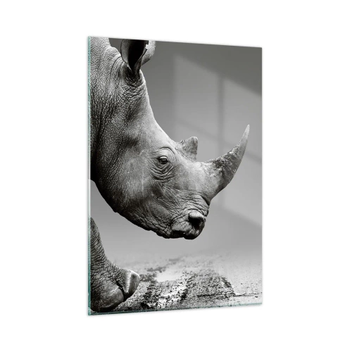 Impression sur verre - Image sur verre - Un rhinocéros en mouvement sur un fond gris - 50x70cm - Force inarrêtable - Décoration murale moderne pour le salon et la chambre ARTTOR