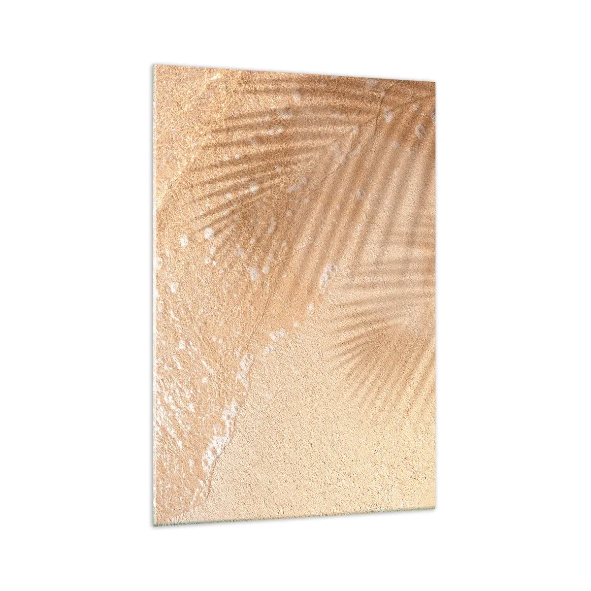 Impression sur verre - Image sur verre - L'ombre d'un palmier sur le sable avec un délicat motif de vagues - 70x100cm - Ombre d'un été chaud - Décoration murale moderne pour le salon et la chambre ARTTOR