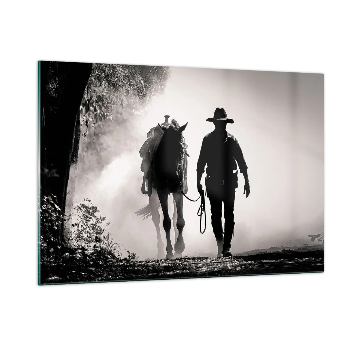 Impression sur verre - Image sur verre - Silhouette d'un cow-boy conduisant un cheval à travers un paysage brumeux - 120x80cm - Matinée texane - Décoration murale moderne pour le salon et la chambre ARTTOR