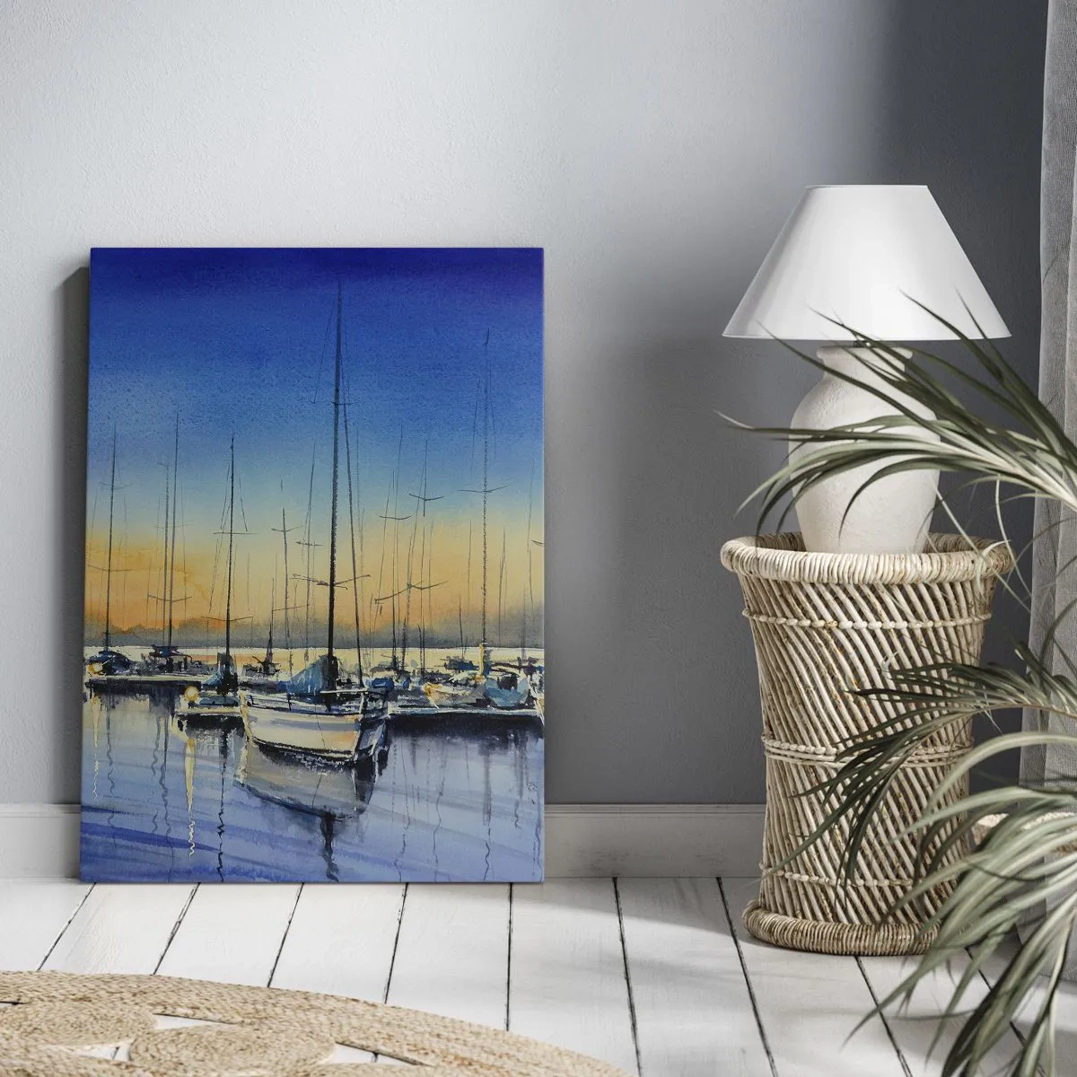 Impression sur toile - Image sur toile - Port de plaisance au coucher du soleil avec reflets sur l'eau - 70x100cm - Fin d'une belle journée - Décoration murale moderne pour le salon et la chambre ARTTOR