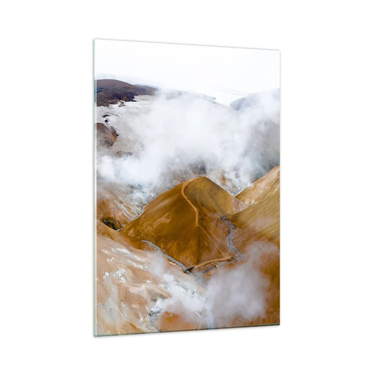 Impression sur verre - Image sur verre - Vue aérienne des collines et vallées islandaises fumantes - 50x70cm - Le charme brut de l'Islande - Décoration murale moderne pour le salon et la chambre ARTTOR