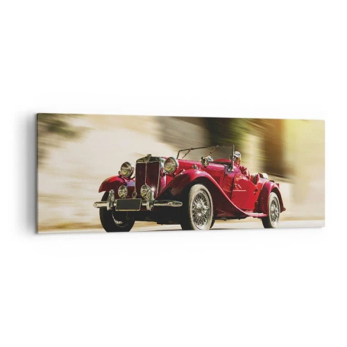 Impression sur toile - Image sur toile - Voiture classique rouge en mouvement dans une rue ensoleillée - 140x50cm - Plus belle que Nike de Samothrace - Décoration murale moderne pour le salon et la chambre ARTTOR