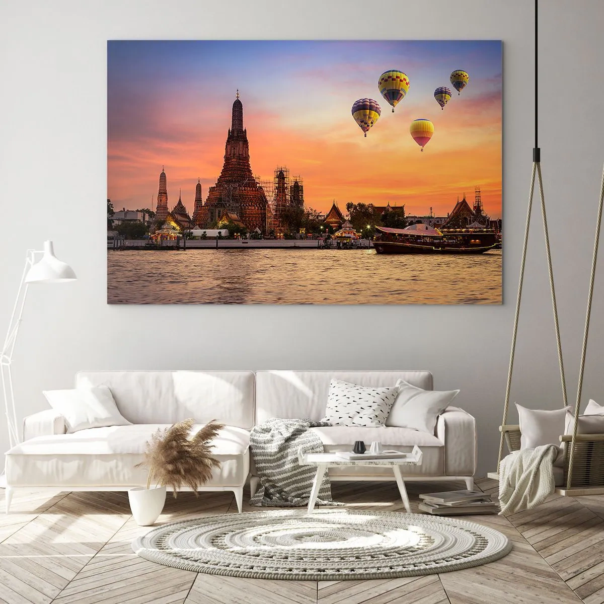 Impression sur verre - Image sur verre - Temple au bord de la rivière au coucher du soleil avec des ballons - 120x80cm - C'est ici que naissent les contes de fées - Décoration murale moderne pour le salon et la chambre ARTTOR