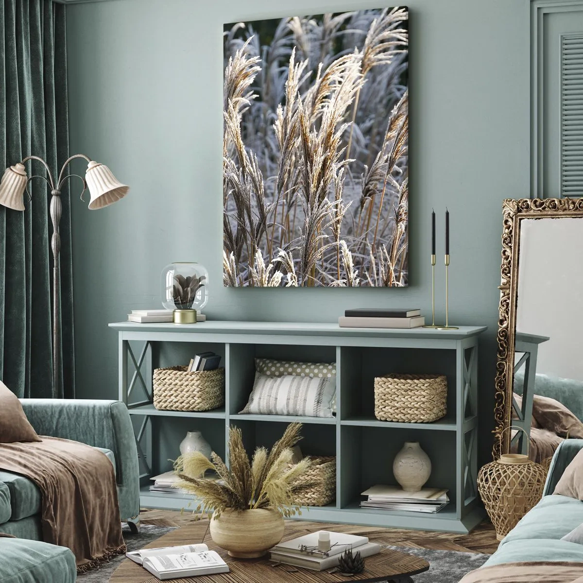 Impression sur toile - Image sur toile - Brins d'herbe d'hiver recouverts de givre sur un fond vert foncé - 70x100cm - Habillé de givre - Décoration murale moderne pour le salon et la chambre ARTTOR