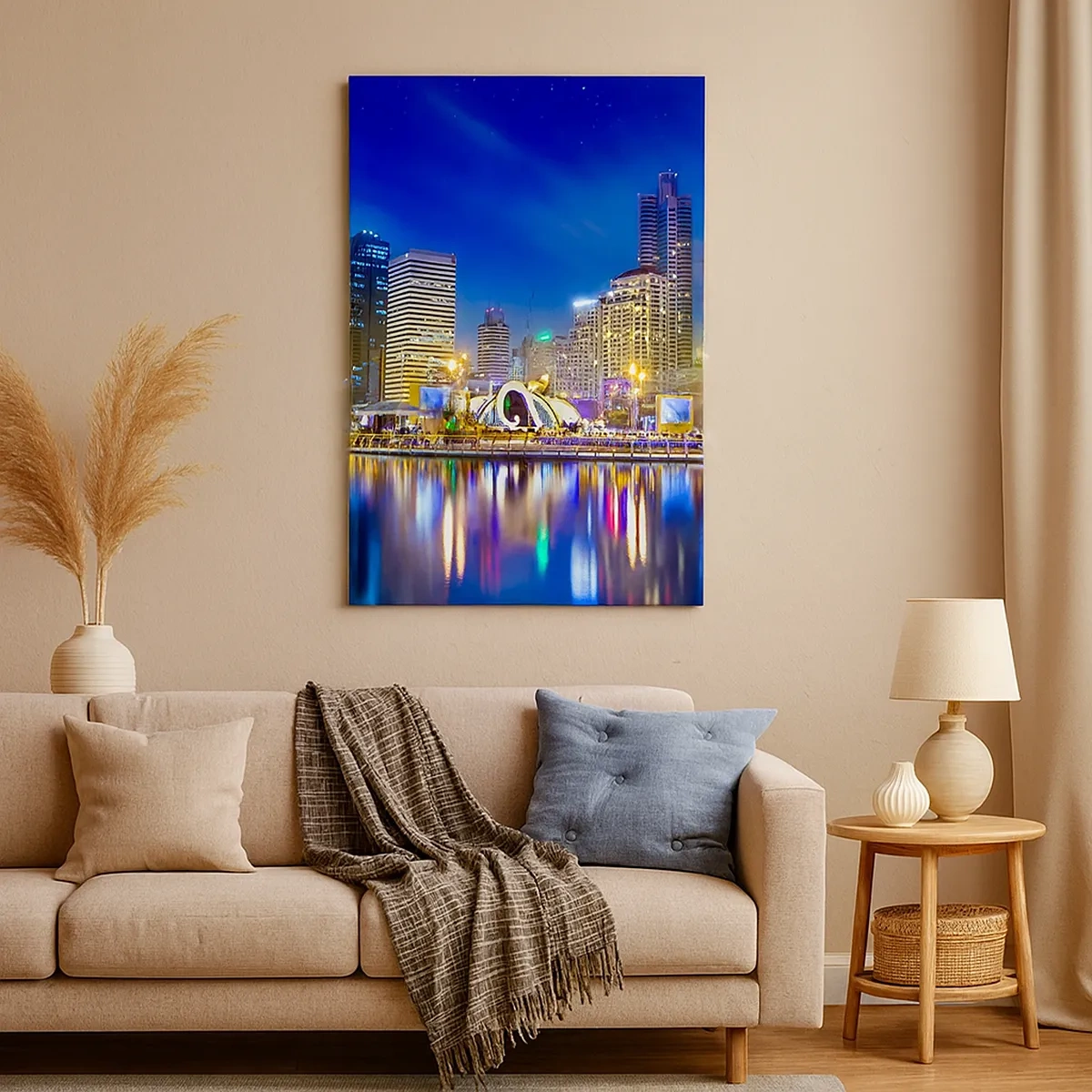 Impression sur toile - Image sur toile - Panorama nocturne de la ville avec les lumières reflétées sur l'eau - 50x70cm - Nuit arc-en-ciel de la métropole - Décoration murale moderne pour le salon et la chambre ARTTOR