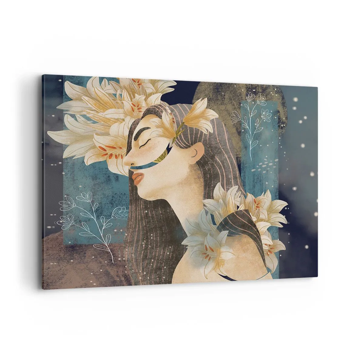 Impression sur toile - Image sur toile - Portrait d'une femme avec des fleurs dans un style artistique sur fond sombre - 100x70cm - Conte de fée sur la princesse lilas - Décoration murale moderne pour le salon et la chambre ARTTOR