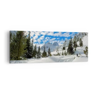 Impression sur toile - Image sur toile - Paysage de montagne hivernal avec une forêt et un chemin dans la neige - 140x50cm - Dans la neige et au soleil - Décoration murale moderne pour le salon et la chambre ARTTOR