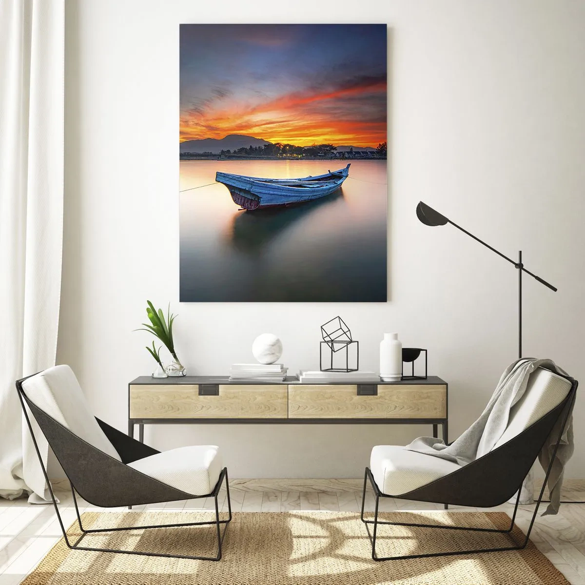 Impression sur verre - Image sur verre - Bateau en bois sur le lac au coucher du soleil - 50x70cm - Une bonne nuit arrive - Décoration murale moderne pour le salon et la chambre ARTTOR