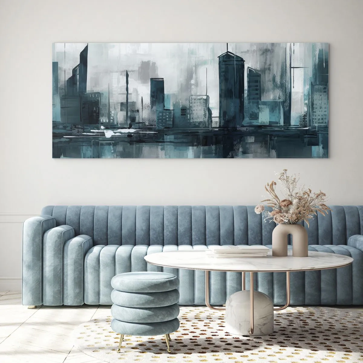 Impression sur verre - Image sur verre - Une ville moderne aux tons turquoise et gris - 160x50cm - Une ville couleur de pluie - Décoration murale moderne pour le salon et la chambre ARTTOR