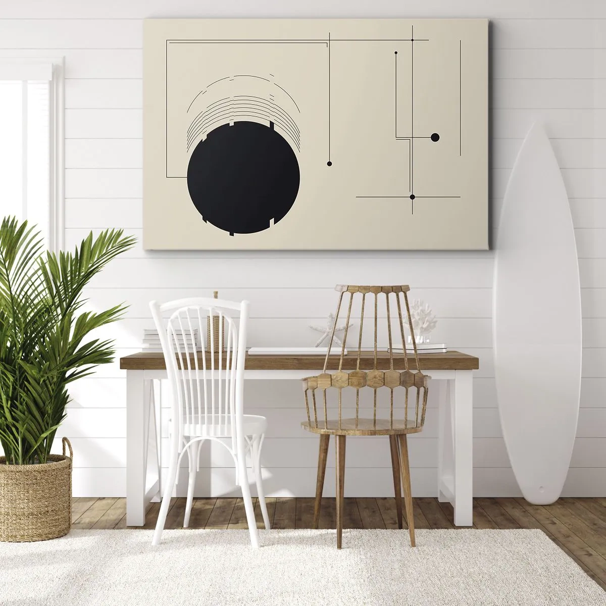Impression sur toile - Image sur toile - Lignes géométriques noires et un cercle sur fond beige - 70x50cm - Une composition flexible et dynamique - Décoration murale moderne pour le salon et la chambre ARTTOR
