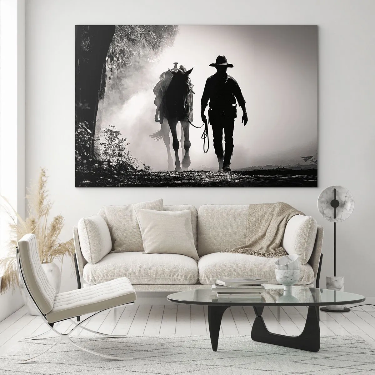 Impression sur verre - Image sur verre - Silhouette d'un cow-boy conduisant un cheval à travers un paysage brumeux - 70x50cm - Matinée texane - Décoration murale moderne pour le salon et la chambre ARTTOR