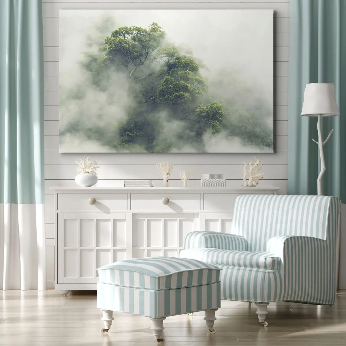 Impression sur toile - Image sur toile - Arbres verts dans un épais brouillard sur fond naturel - 120x80cm - Enveloppé de brouillard - Décoration murale moderne pour le salon et la chambre ARTTOR