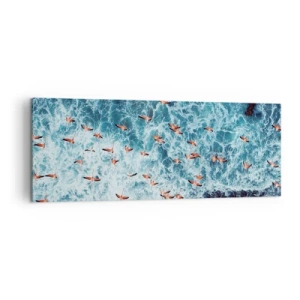 Impression sur toile - Image sur toile - Vue aérienne de flamants roses sur un océan bleu - 140x50cm - Défilé du bord de mer - Décoration murale moderne pour le salon et la chambre ARTTOR