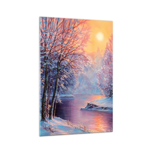 Impression sur verre - Image sur verre - Paysage d'hiver avec rivière et arbres au lever du soleil - 70x100cm - Couleurs d'hiver - Décoration murale moderne pour le salon et la chambre ARTTOR