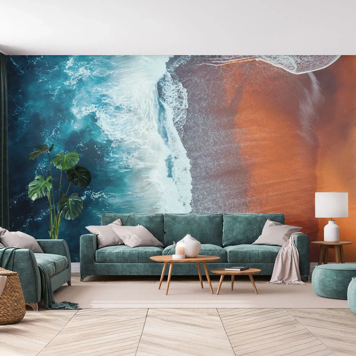 Papier Peint Photo Premium Sand - Les vagues de l'océan s'écrasent sur la plage orange - 100x70cm - Caresse de l'océan - Décoration murale moderne pour le salon et la chambre ARTTOR