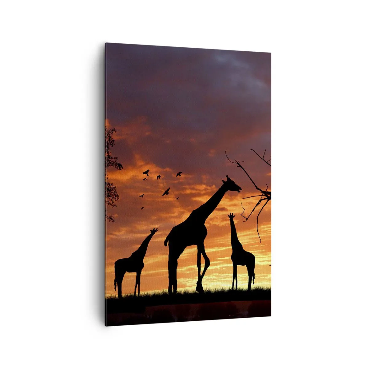 Impression sur toile - Image sur toile - Silhouettes de girafes sur fond de coucher de soleil africain - 80x120cm - Un petit dîner avec vos proches - Décoration murale moderne pour le salon et la chambre ARTTOR