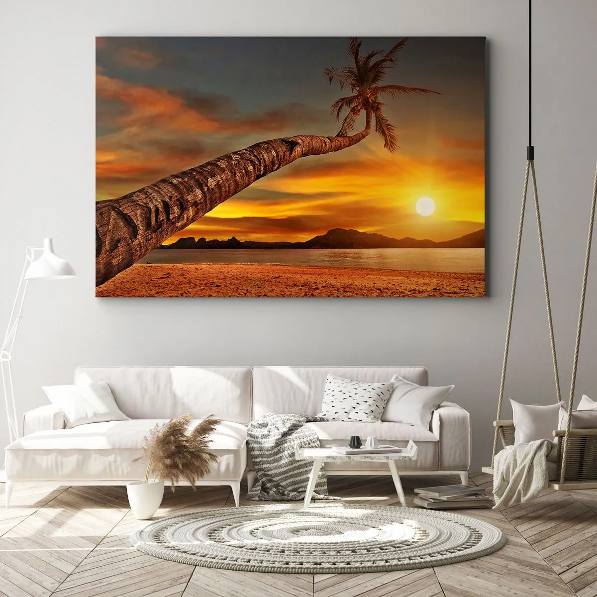 Impression sur toile - Image sur toile - Palmier sur la plage au coucher du soleil avec vue sur la mer - 100x70cm - Vacances exotiques, aventure caribéenne - Décoration murale moderne pour le salon et la chambre ARTTOR