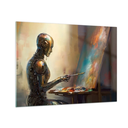 Impression sur verre - Image sur verre - Un robot peignant un tableau sur un chevalet - 70x50cm - L'art du futur - Décoration murale moderne pour le salon et la chambre ARTTOR