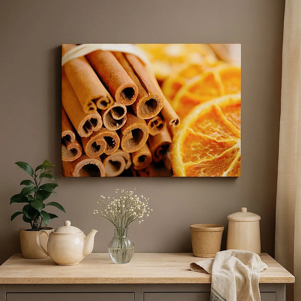Impression sur toile - Image sur toile - Bâtons de cannelle avec des tranches d'orange séchées aux couleurs chaudes - 70x50cm - Sentez-vous leurs odeurs? - Décoration murale moderne pour le salon et la chambre ARTTOR
