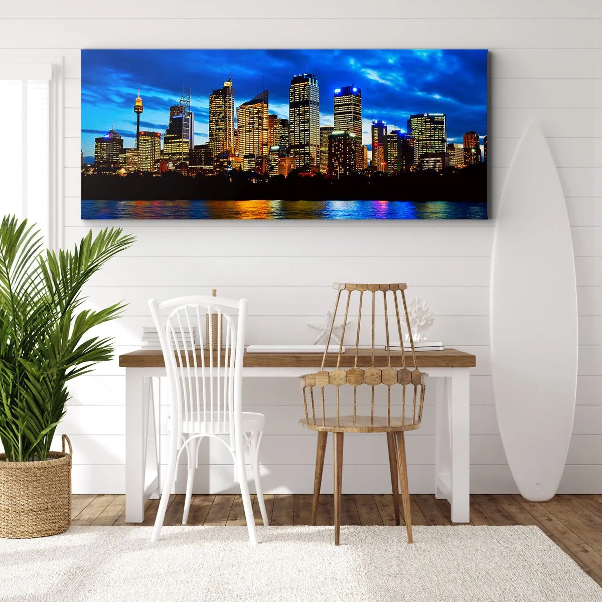 Impression sur toile - Image sur toile - Panorama de la ville nocturne avec des gratte-ciel illuminés au-dessus de l'eau - 140x50cm - Une nuit de lumières et de couleurs - Décoration murale moderne pour le salon et la chambre ARTTOR
