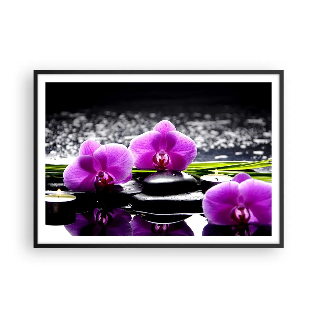 Affiche dans un cadre noir - Poster - Orchidées violettes sur fond de pierres et de bougies dans un cadre relaxant - 100x70cm - Se noyer dans la paix et la tranquillité - Décoration murale moderne pour le salon et la chambre ARTTOR
