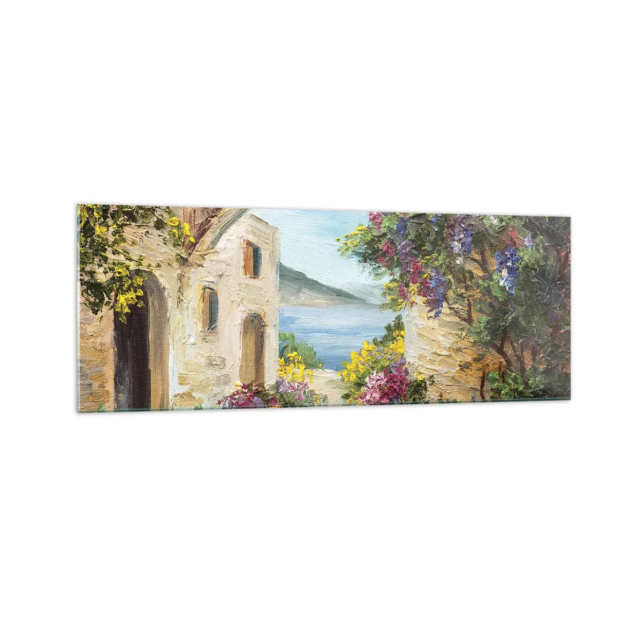 Impression sur verre - Image sur verre - Paysage de bord de mer avec des bâtiments en pierre et des fleurs - 140x50cm - Le charme d'une province côtière - Décoration murale moderne pour le salon et la chambre ARTTOR
