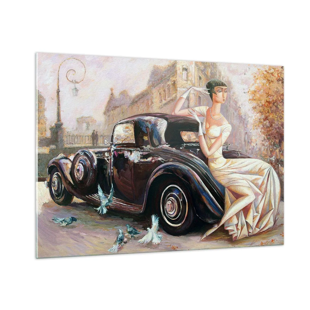 Impression sur verre - Image sur verre - Femme élégante à côté d'une voiture rétro dans un cadre urbain - 100x70cm - L'élégance dans un style rétro - Décoration murale moderne pour le salon et la chambre ARTTOR