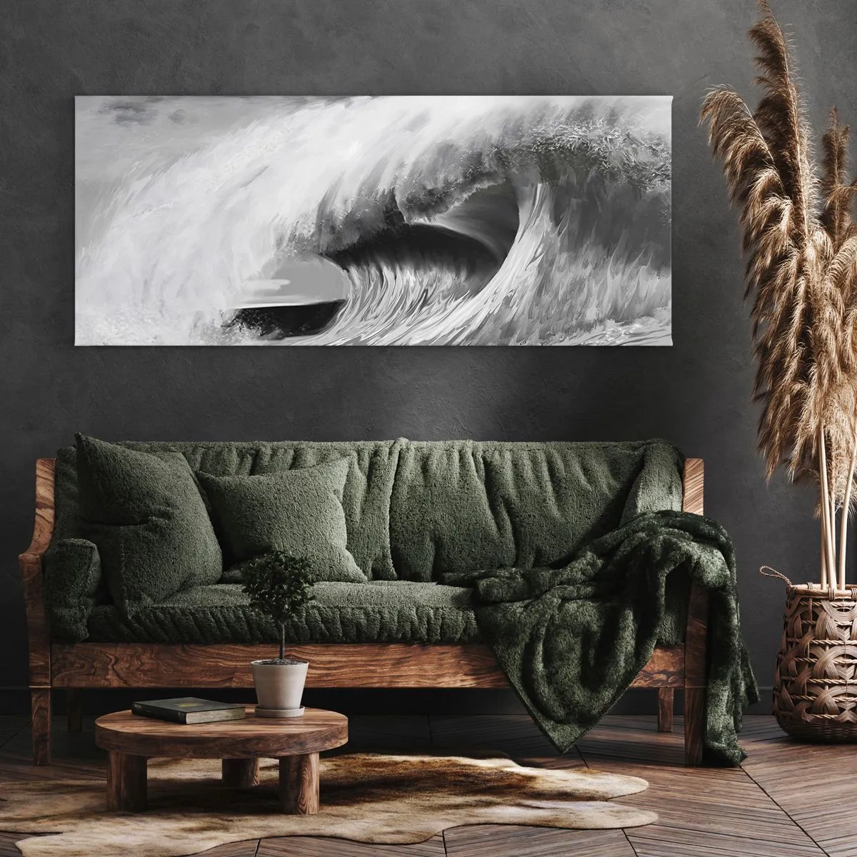 Impression sur toile - Image sur toile - Vague océanique spectaculaire en monochrome - 160x50cm - La colère de l'océan - Décoration murale moderne pour le salon et la chambre ARTTOR