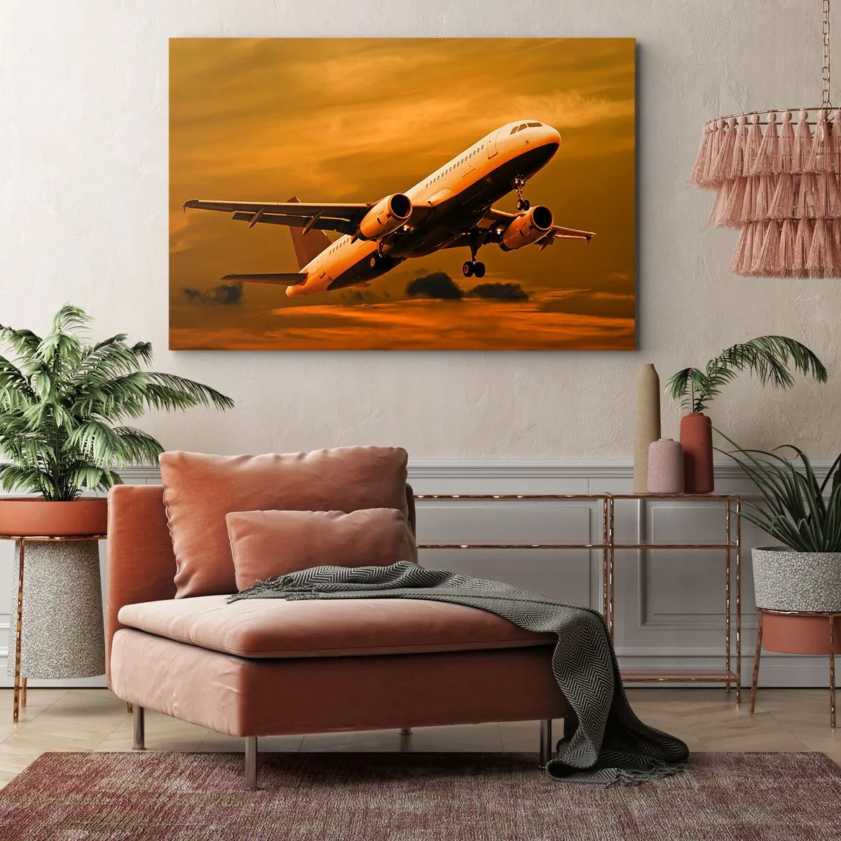 Impression sur toile - Image sur toile - Un avion de ligne décollant sous un ciel de coucher de soleil doré. - 70x50cm - Vol vers le soleil - Décoration murale moderne pour le salon et la chambre ARTTOR