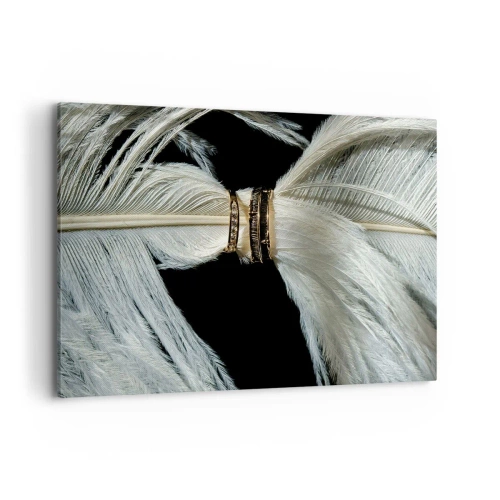 Impression sur toile - Image sur toile - Une plume blanche avec deux anneaux d'or sur fond noir - 120x80cm - ... et je ne te laisserai pas ... - Décoration murale moderne pour le salon et la chambre ARTTOR