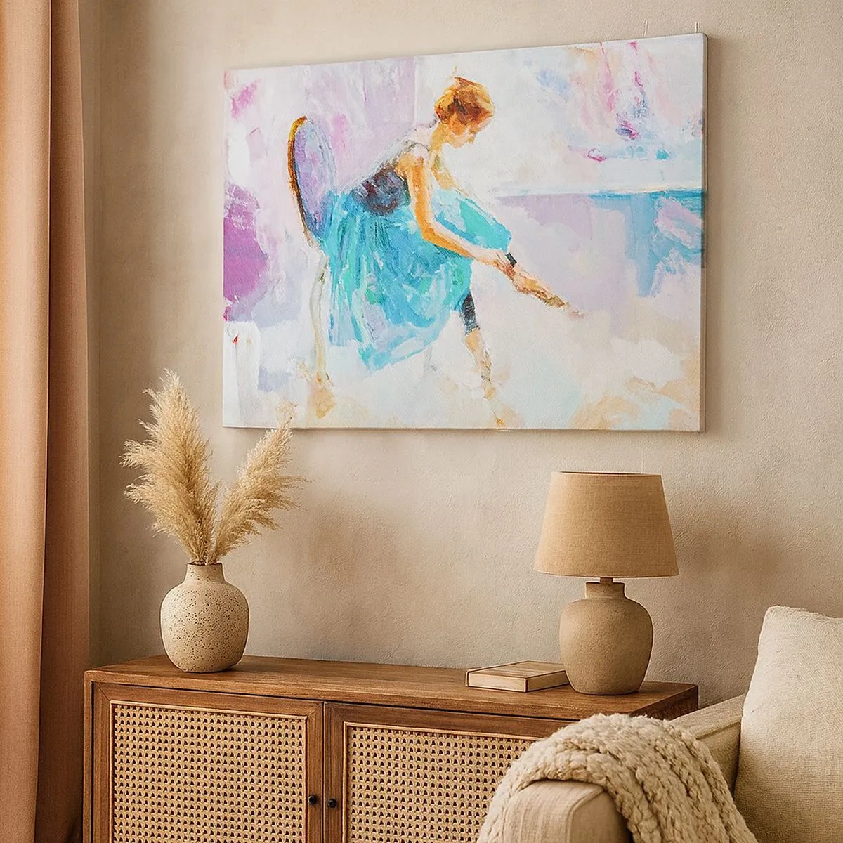 Impression sur toile - Image sur toile - Une ballerine se prépare à danser dans des tons pastel. - 70x50cm - Grâce ineffable, charme subtil - Décoration murale moderne pour le salon et la chambre ARTTOR