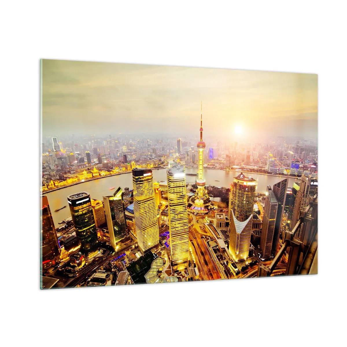 Impression sur verre - Image sur verre - Panorama de la ville au coucher du soleil avec des gratte-ciels - 100x70cm - Rêve asiatique - Décoration murale moderne pour le salon et la chambre ARTTOR