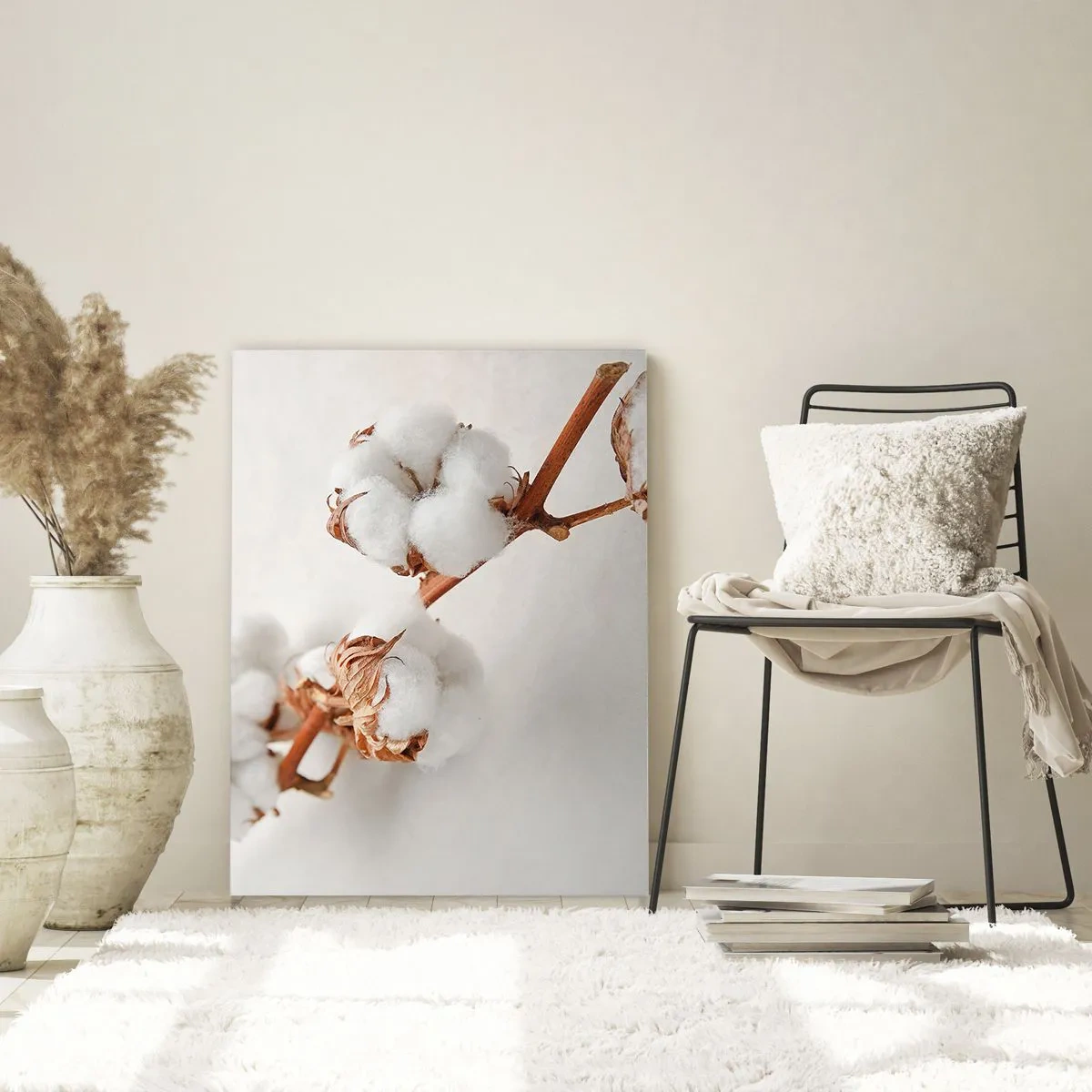 Impression sur verre - Image sur verre - Gros plan d'une branche de coton sur un fond clair - 50x70cm - Seulement caliner - Décoration murale moderne pour le salon et la chambre ARTTOR