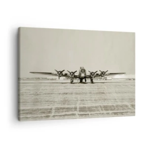 Impression sur toile - Image sur toile - Avion historique à l'aéroport en sépia - 70x50cm - Toujours prêt! - Décoration murale moderne pour le salon et la chambre ARTTOR