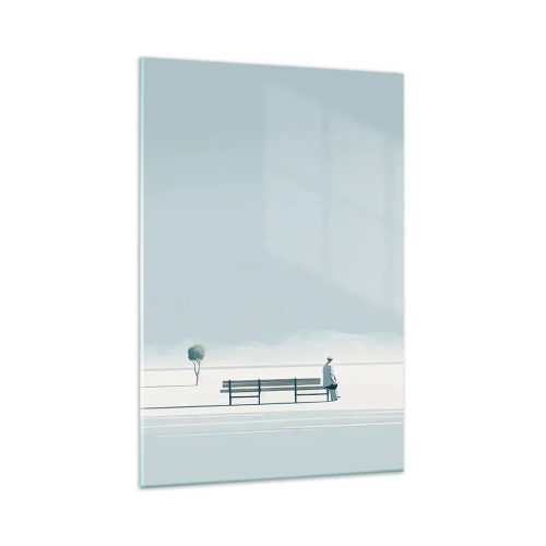 Impression sur verre - Image sur verre - Une personne assise sur un banc dans un paysage minimaliste - 80x120cm - Oui, j'attends. - Décoration murale moderne pour le salon et la chambre ARTTOR