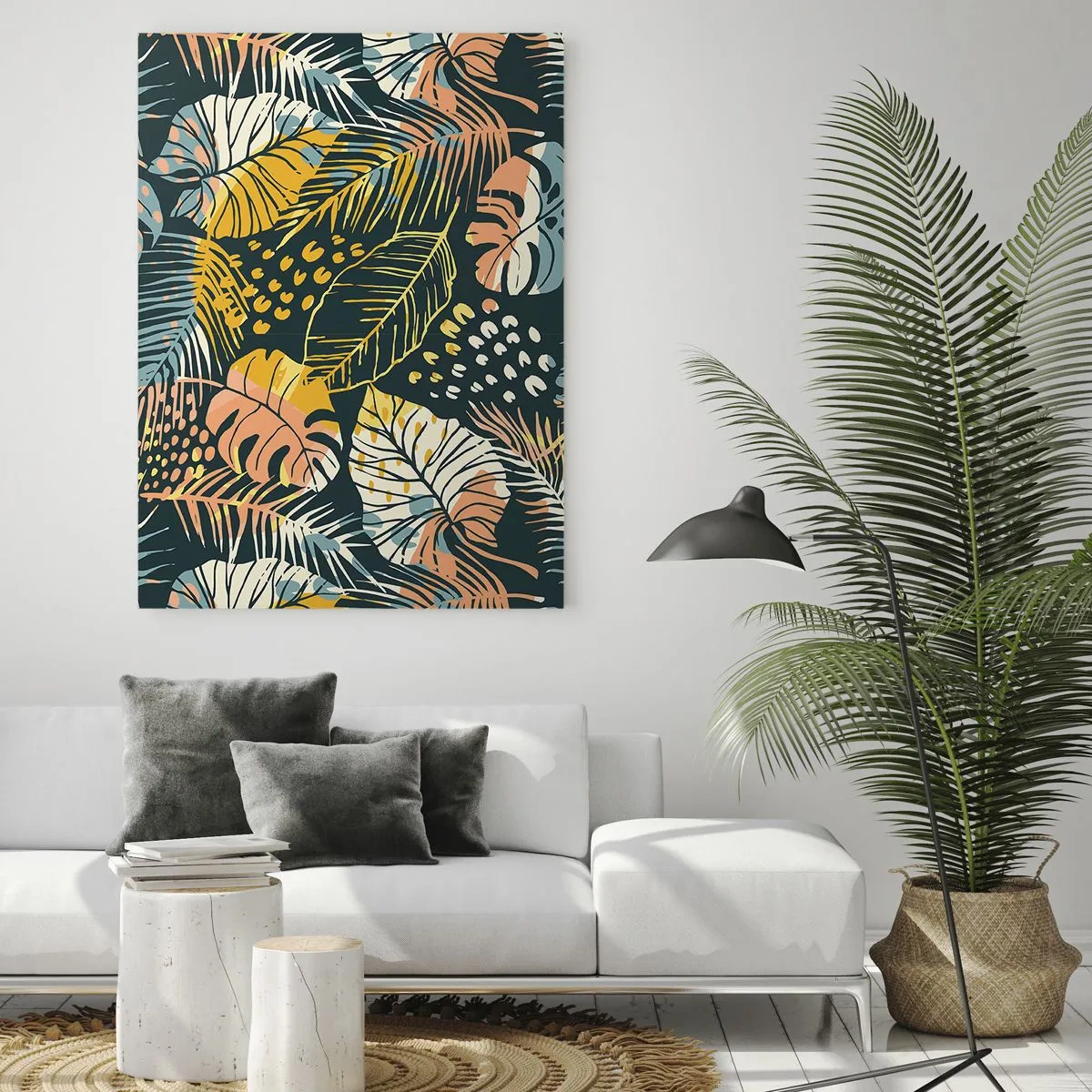 Impression sur verre - Image sur verre - Un motif de feuilles tropicales aux couleurs vibrantes, pleines d'énergie et d'exotisme. - 50x70cm - Fantaisie feuillue - Décoration murale moderne pour le salon et la chambre ARTTOR