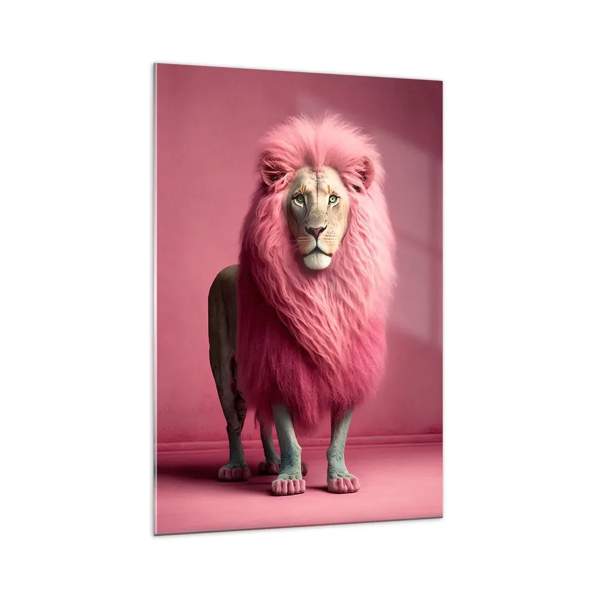 Impression sur verre - Image sur verre - Un lion rendu artistiquement avec une crinière rose sur un fond rose - 70x100cm - Et tu n'as plus peur - Décoration murale moderne pour le salon et la chambre ARTTOR