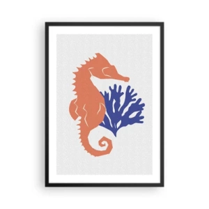 Affiche dans un cadre noir - Poster - Graphique minimaliste d'hippocampe et de corail - 50x70cm - Dans une prairie sous-marine - Décoration murale moderne pour le salon et la chambre ARTTOR