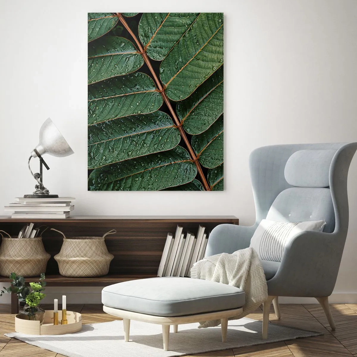 Impression sur verre - Image sur verre - Macro shot de feuilles vertes avec des gouttes de rosée - 70x100cm - Au rythme de la verdure - Décoration murale moderne pour le salon et la chambre ARTTOR