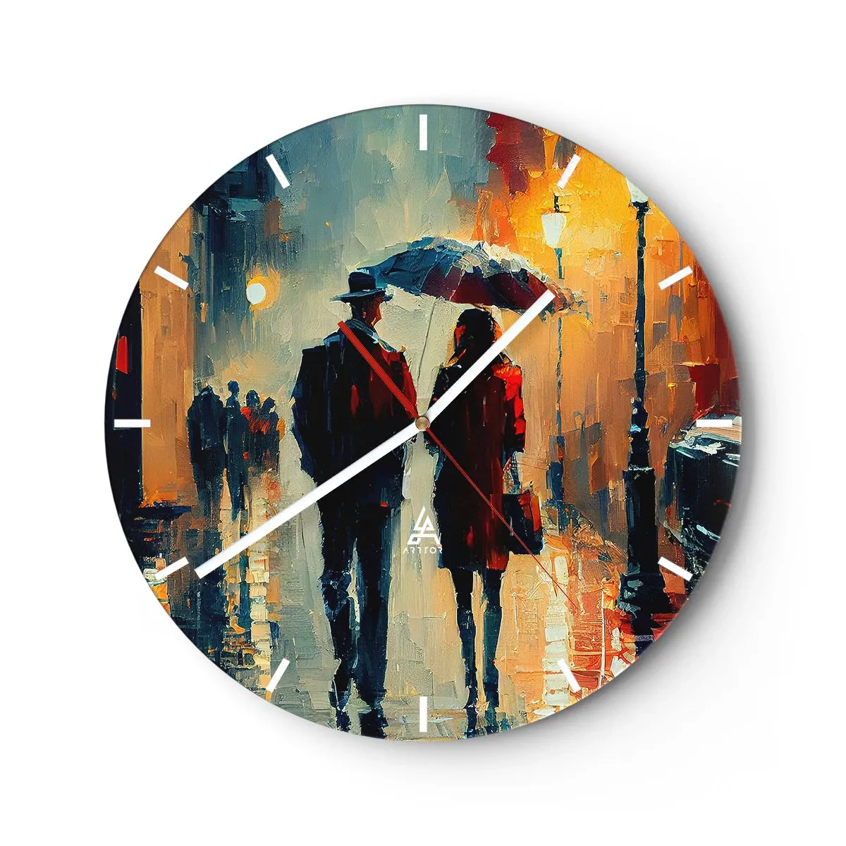 Horloge murale - Pendule murale - Un couple sous un parapluie dans un décor urbain peint au couteau à palette - 30x30cm - Histoire d'amour urbaine - Décoration murale moderne pour le salon, la cuisine et la chambre ARTTOR