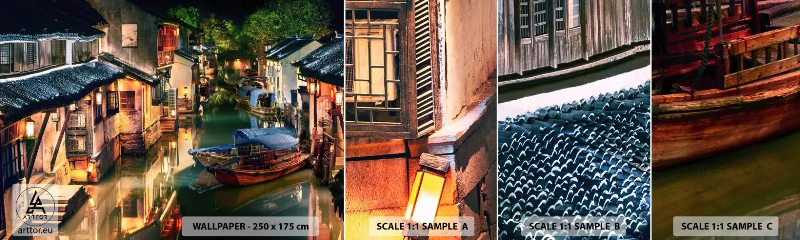 Échantillon de Papier Peint Autocollant Deluxe Sticker - Soirée dans une rue chinoise - Paysage, Ville, Asie - 100x30 cm