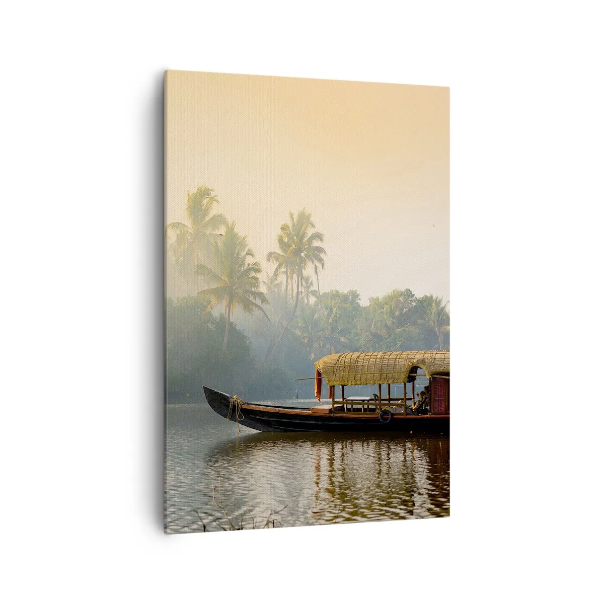 Impression sur toile - Image sur toile - Un bateau traditionnel sur une rivière calme parmi les palmiers - 70x100cm - Maison sur la rivière - Décoration murale moderne pour le salon et la chambre ARTTOR