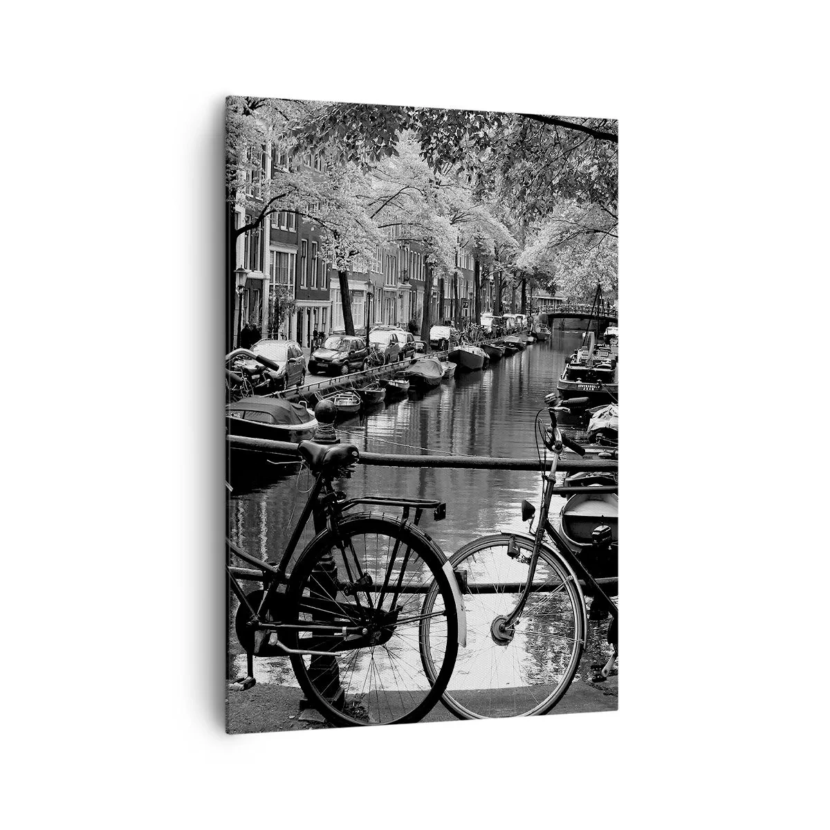 Impression sur toile - Image sur toile - Canal avec des vélos en photographie noir et blanc - 70x100cm - Une vue très hollandaise - Décoration murale moderne pour le salon et la chambre ARTTOR