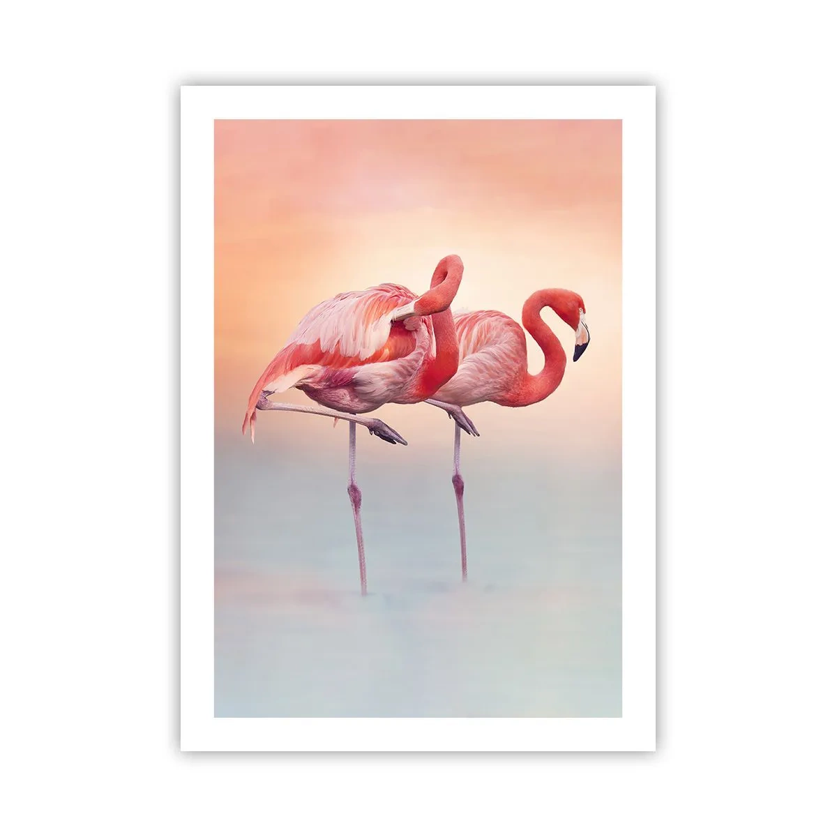 Affiche - Poster - Flamants roses sur fond de coucher de soleil pastel - 50x70cm - Dans les couleurs du soleil couchant - Décoration murale moderne pour le salon et la chambre ARTTOR
