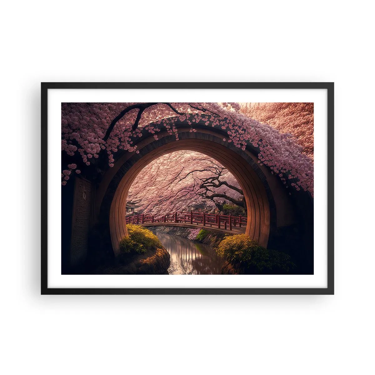 Affiche dans un cadre noir - Poster - Un pont japonais traditionnel entouré de fleurs de cerisier - 70x50cm - Printemps japonais - Décoration murale moderne pour le salon et la chambre ARTTOR