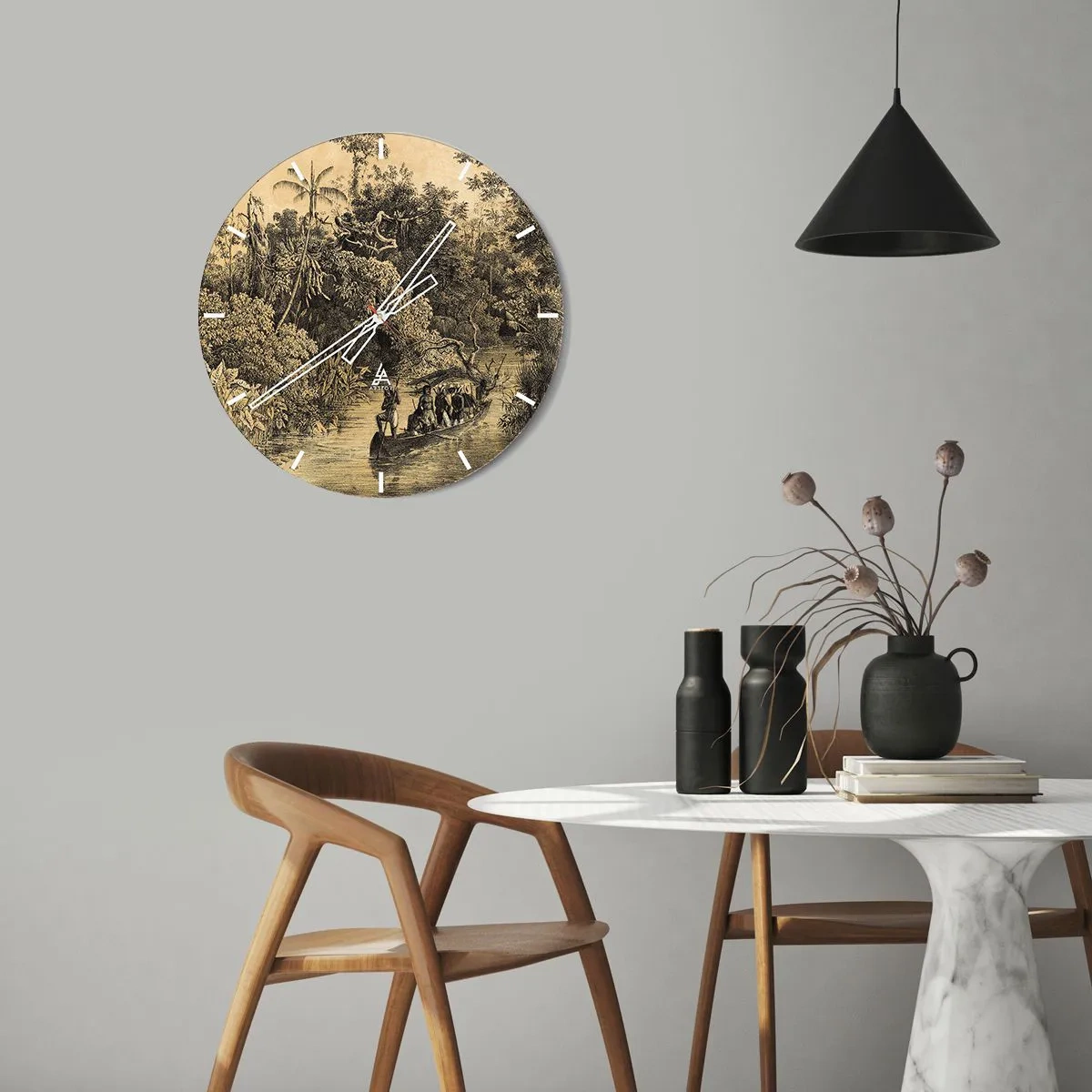 Horloge murale - Pendule murale - Illustration rétro d'une expédition dans la jungle tropicale - 30x30cm - Expédition à la source - Décoration murale moderne pour le salon, la cuisine et la chambre ARTTOR