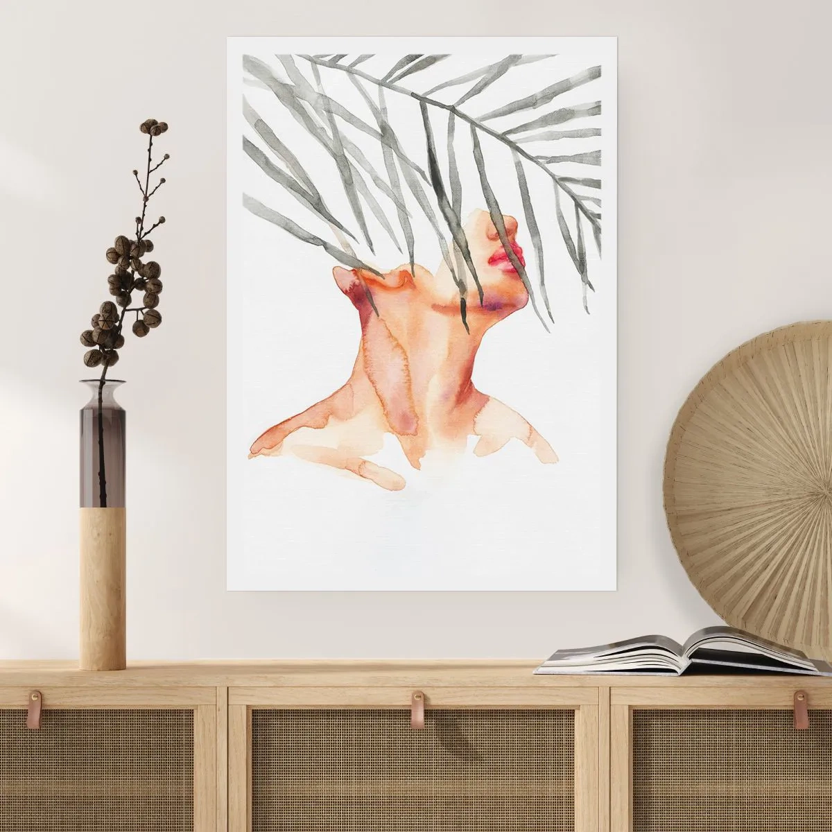 Affiche - Poster - Femme à l'aquarelle avec des feuilles de palmier couvrant son visage - 50x70cm - Sentez le pouls des tropiques - Décoration murale moderne pour le salon et la chambre ARTTOR