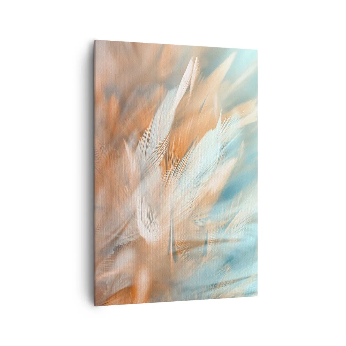 Impression sur toile - Image sur toile - Plumes délicates dans des tons pastel de bleu et d'orange - 70x100cm - Au pays de la douceur - Décoration murale moderne pour le salon et la chambre ARTTOR