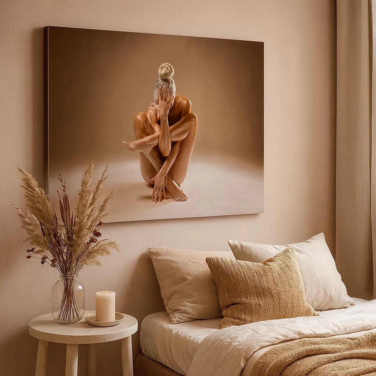 Impression sur toile - Image sur toile - Silhouette artistique d'une femme sur fond beige - 70x50cm - Unité du corps et de l'âme - Décoration murale moderne pour le salon et la chambre ARTTOR